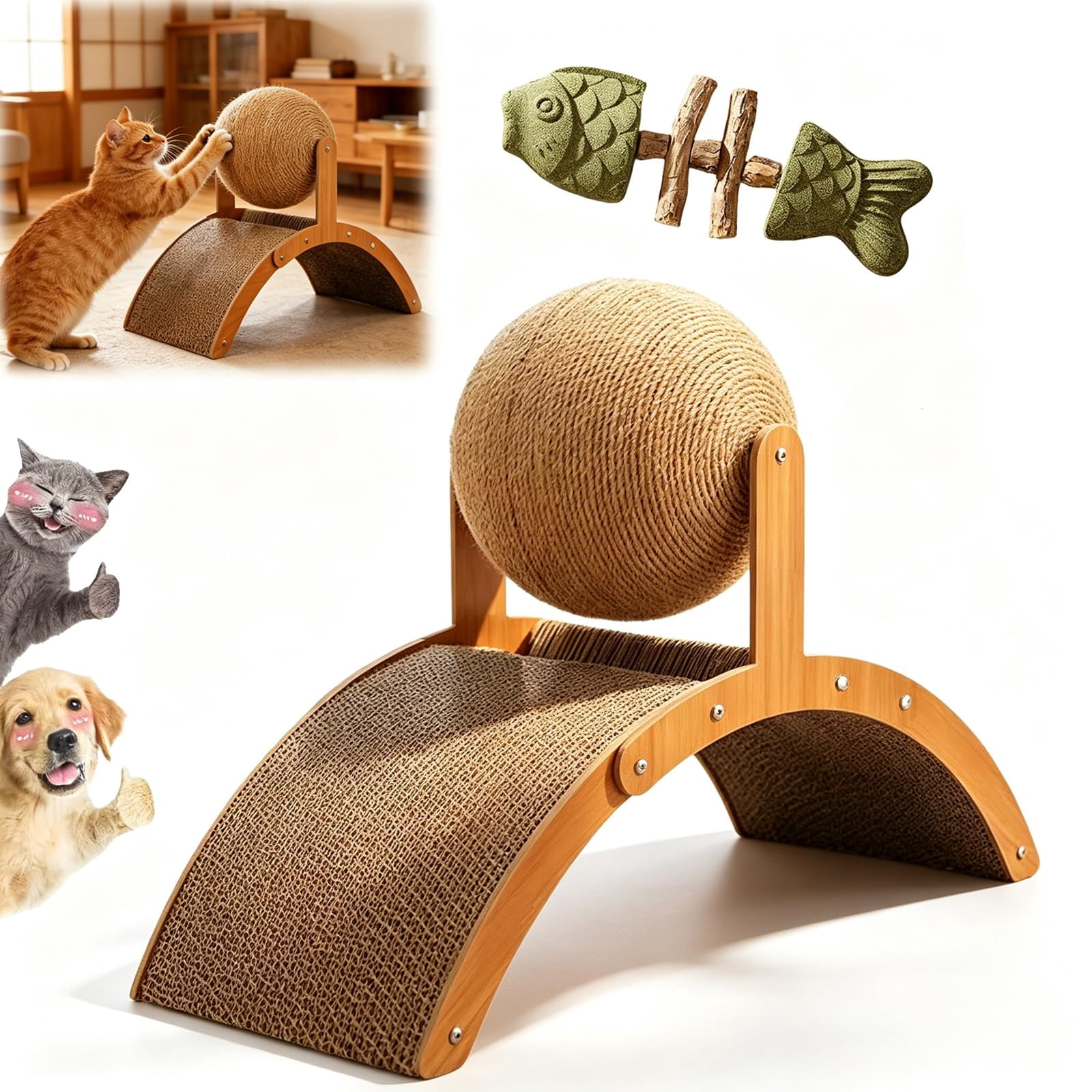 Cat Scratching Ball on Stand, Solid Wood Interactive Cat Scratcher with Arch Bridge & 360° Rotating Ball – Durable Cats Toy for Indoor Cats & Kittens, Prevents Furniture Damage (21.6 * 8.8 * 15.7in)