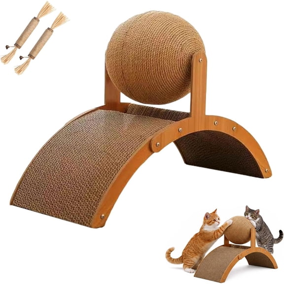 Cat Scratching Ball On Stand - Solid Wood Interactive Cat Scratcher, with Arch Bridge and 360° Rotating Natural Sisal Ball for Indoor Cat Kittens (Small)