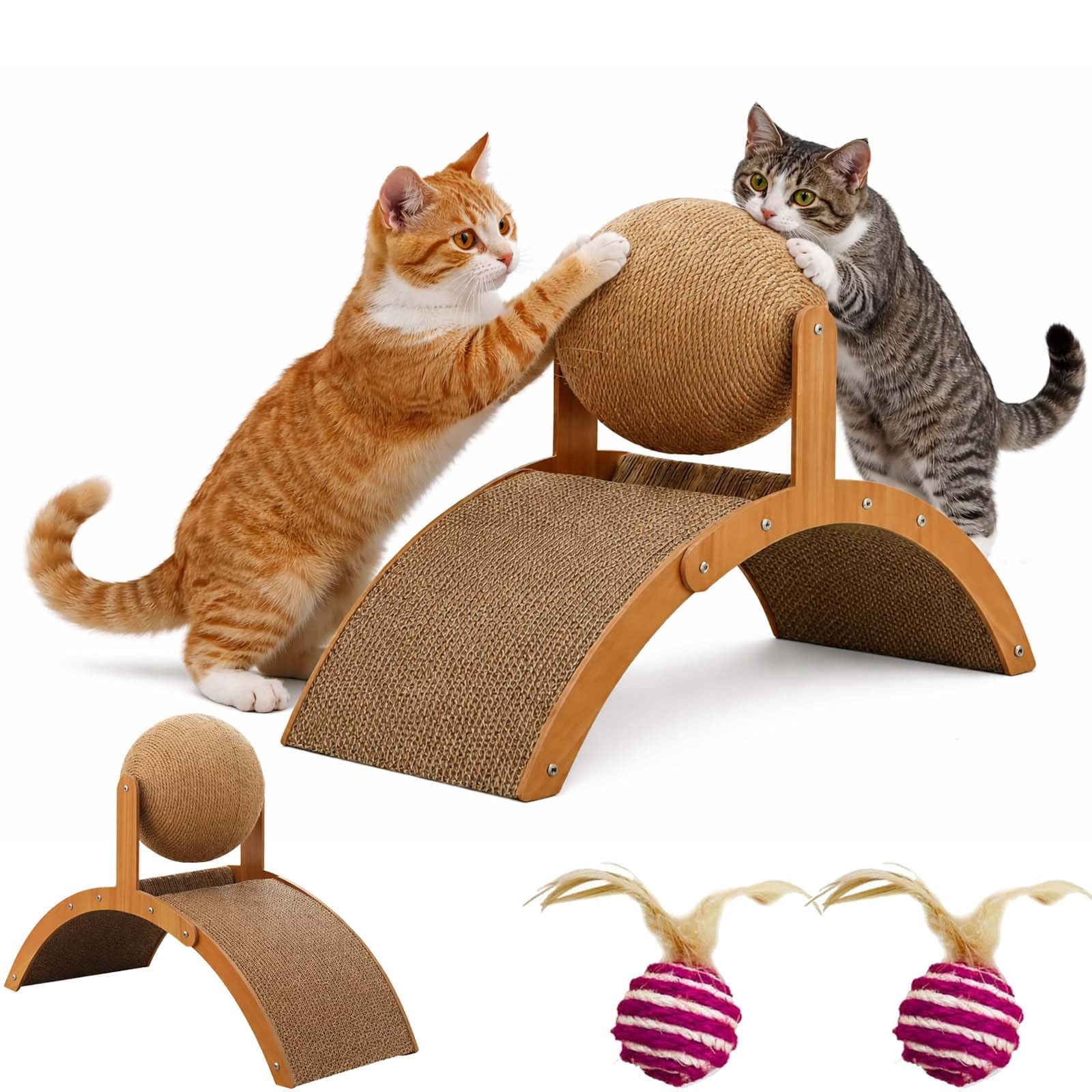Cat Scratching Ball on Stand, Solid Wood Slanted Cat Scratching Board Design, 2-in-1 Interactive Cat Scratcher Toy with Arch Bridge and 360° Rotating Natural Sisal Ball for Indoor Cat Kittens