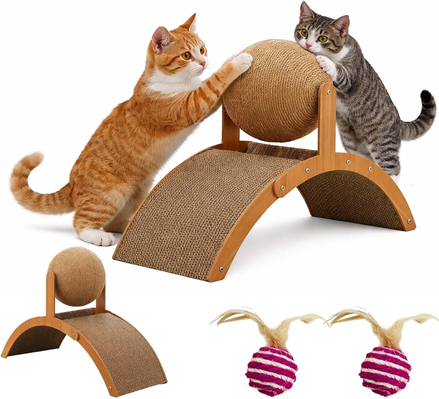 Cat Scratching Ball on Stand, Solid Wood Slanted Cat Scratching Board Design, 2-in-1 Interactive Cat Scratcher Toy with Arch Bridge and 360° Rotating Natural Sisal Ball for Indoor Cat Kittens