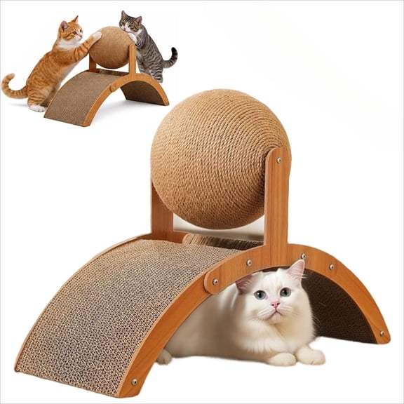 Cat Scratching Ball on Stand, Solid Wood Slanted Cat Scratching Board Design, 2-in-1 Interactive Cat Scratcher Toy with Arch Bridge and 360° Rotating Natural Sisal Ball