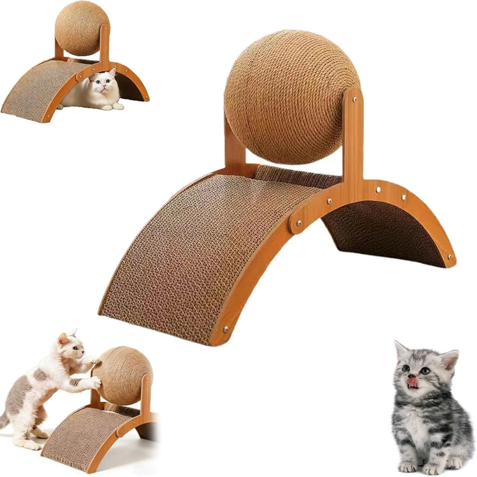 Cat Scratching Ball on Stand, Solid Wood Slanted Cat Scratching Board Design, with 360° Rotating Natural Sisal Ball, 2-in-1 Interactive Cat Scratcher Toy, for Indoor Cat Kittens