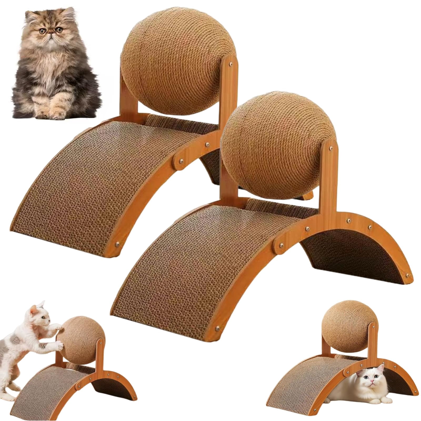 Cat Scratching Ball on Stand, Interactive 360° Rotating Sisal Cat Scratcher with Arch Bridge, Indoor Scratching Post Protects Furniture & Rugs