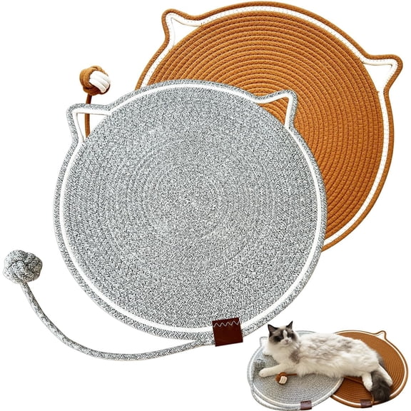Cat Scratching Mat Natural Cotton Rope Cat Scratching Pad, Large Size Scratcher Mat with Toy (2 Packs 19.6'') (Grey + Brown)