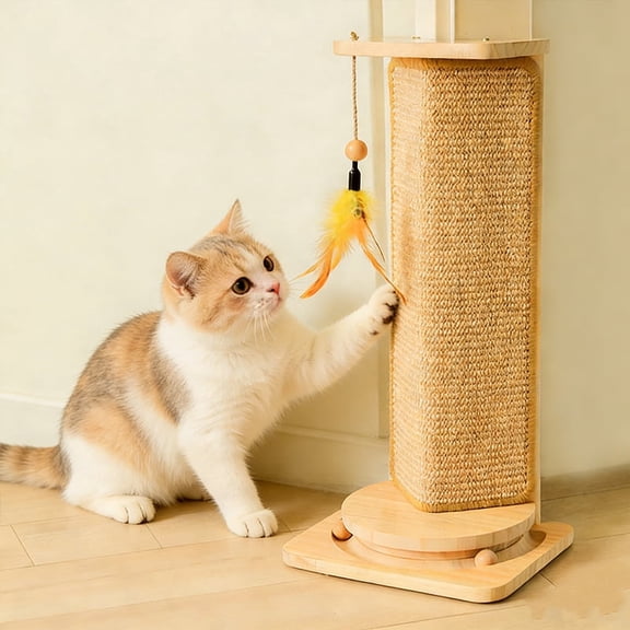 Cat Scratching Post, Couch Corner Cat Scratcher with Interactive Ball Toy, Replaceable Sisal Scratch Pad, Vertical Scratcher Pole, Modern Cat Furniture for Indoor Kittens Adult Cats, Brown
