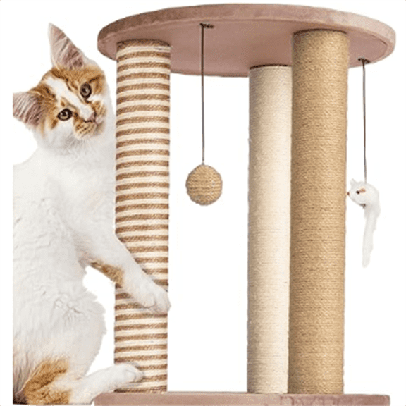 Cat Scratching Post - 3 Scratcher Posts with Carpeted Base Play Area and Perch - Furniture Scratching Deterrent for Indoor Cats by  (Brown), Large