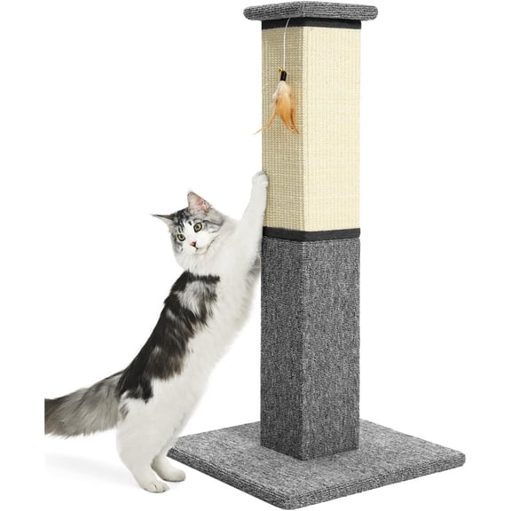 Cat Scratching Post, 32 Inch Natural Sisal & Carpet Covered Cat Scratcher with Kitten Toy, Dual-Material Tall Scratching Post for Indoor Cats Adults and Kittens, Beige