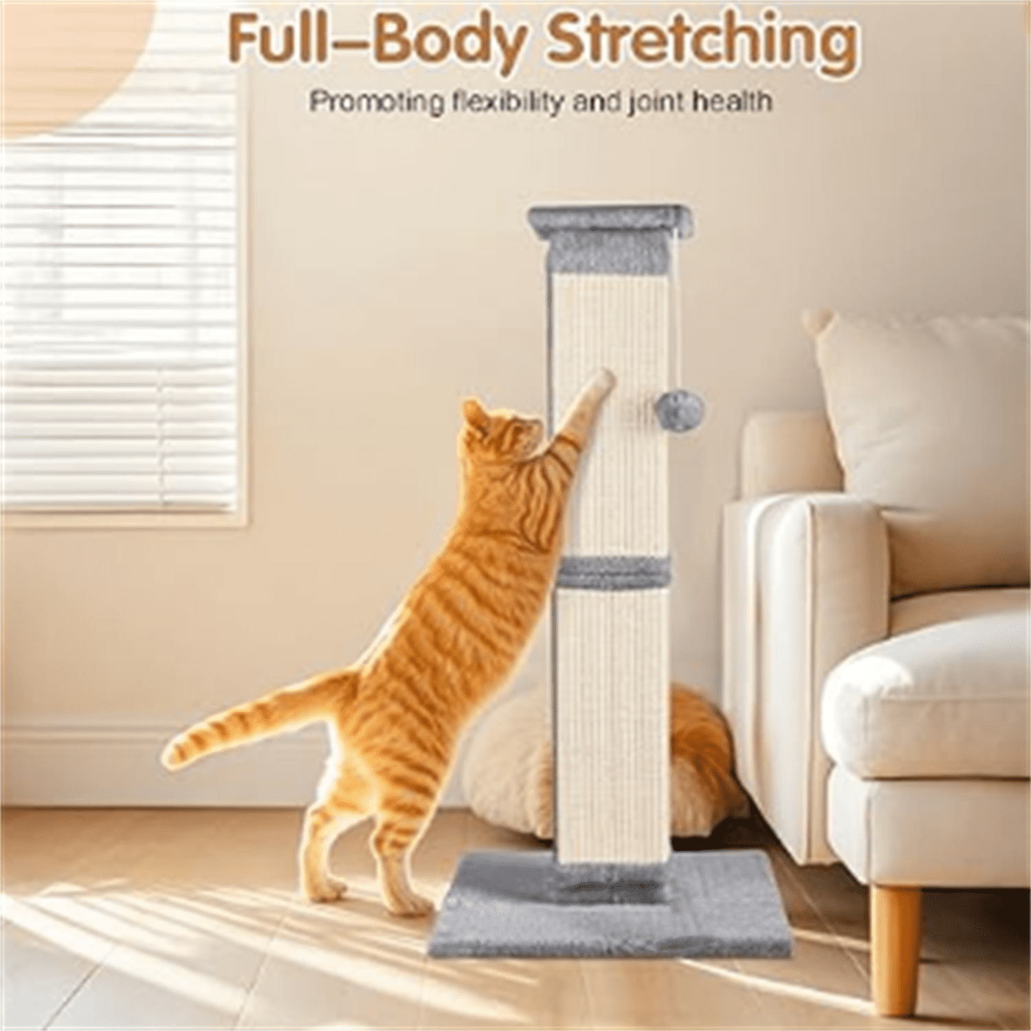 Cat Scratching Post 33 inch for Indoor Cats, High Cat Scratch Post Grey, Cat Tree for Full-Body Stretching, Protect Your Furniture
