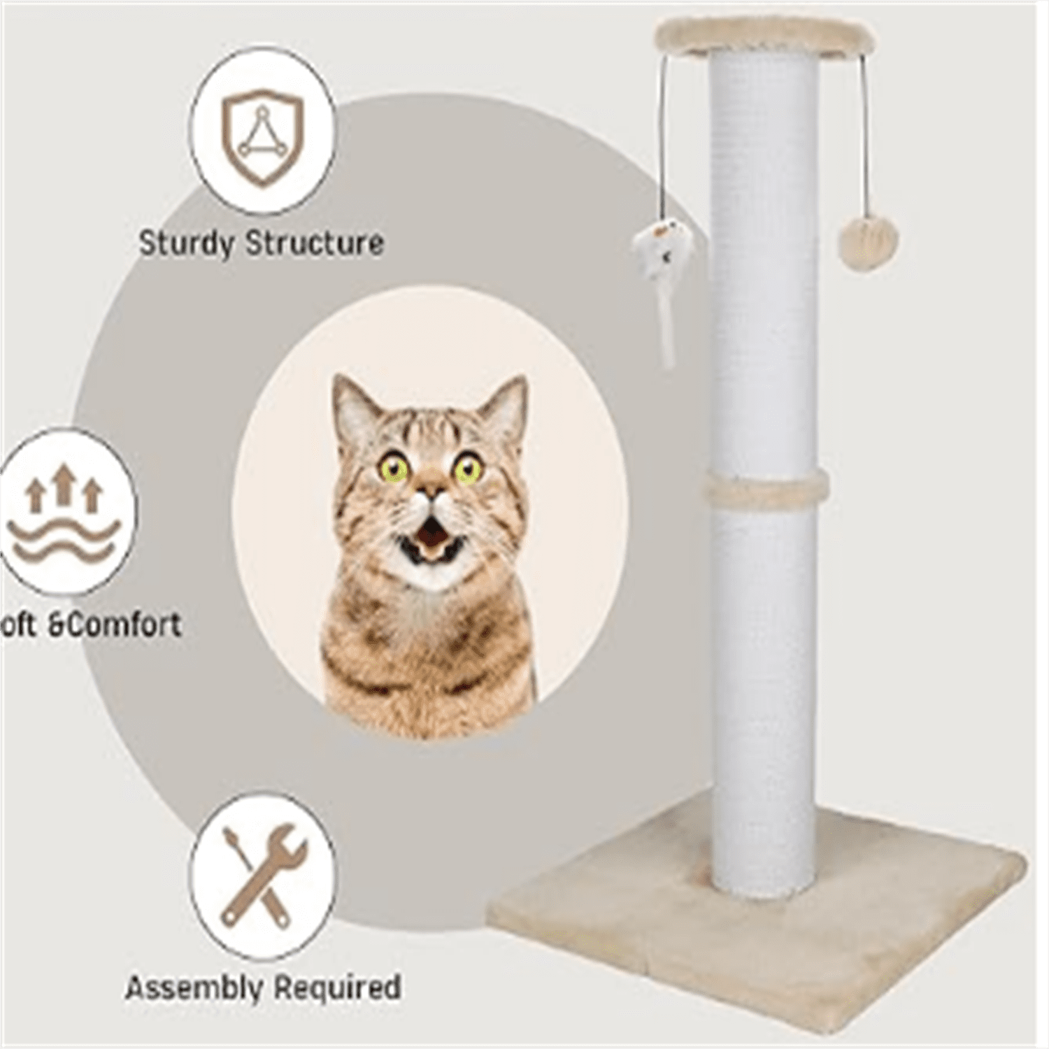 Cat Scratching Post 34 Inches Heavy Duty and Thicker Cat Scratching Post Sisal Rope with Hanging Ball and Mice Scratching Post for Indoor Cats and Adult(Beige)
