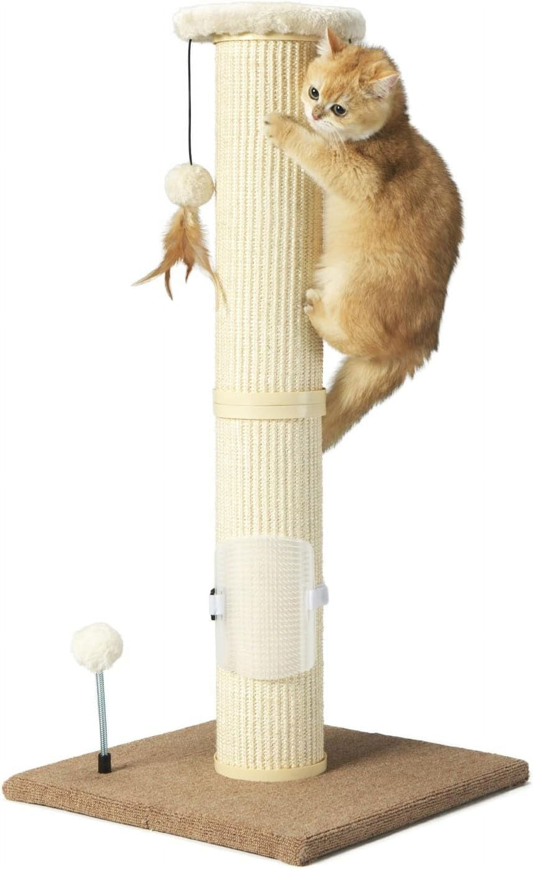 Cat Scratching Post,34" Tall Large Sisal Woven Scratch Posts for Cats,with Hanging Ball Toy and Self-Massage Brush,Vertical Scratcher,5 Inches Diameter,Beige