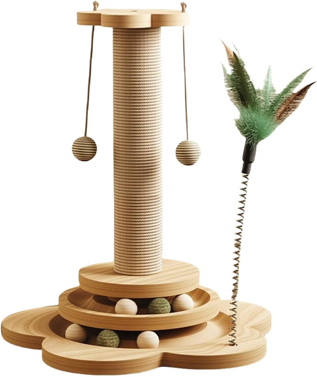 Cat Scratching Post, 4 in 1 Wooden Cat Scratcher Toy, 15.75" Tall Scratch Post with 2 Level Cat Track Balls, Interactive Cat Feather Toy and 2 Sisal Hanging Balls for Indoor Kittens