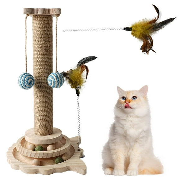 Cat Scratching Post, 4 in 1 Wooden Cat Scratcher Toy, 18" Tall Scratch Post with 2 Level Track Balls, 2 Interactive Cat Feather Toys & 2 Sisal Hanging Balls for Indoor Kittens, Adult Cats, Bonlting