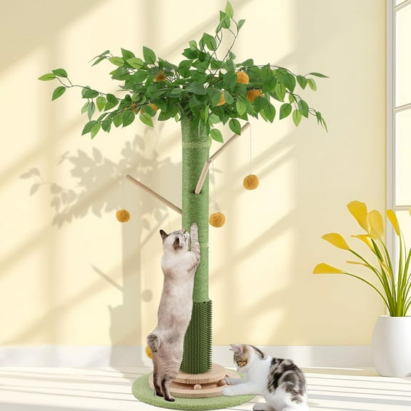 Cat Scratching Post, 45 Inch Tall Cat Scratcher Tree for Indoor Cats Adults with Natural Sisal Rope, Large Scratching Posts with Rubber Brush, 3-Layer Solid Wood Base and Balls Track Toy
