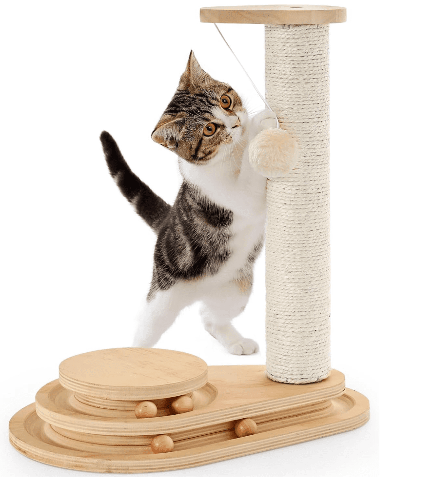 Cat Scratching Post Cat Scratcher Kitten Toys for Indoor Cats Wooden Ball Track Two-Layer Modern Sisal 17.7" Tall Scratch Post Interactive Toy with Dangling Ball