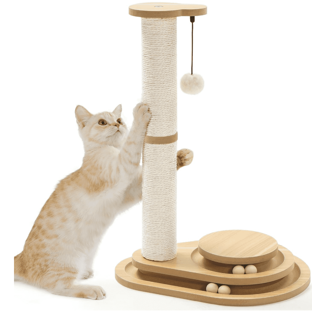 Cat Scratching Post Cat Scratcher Kitten Toys for Indoor Cats Wooden Ball Track Two-Layer Modern Sisal 23.4" Tall Scratch Post Interactive Toy with Dangling Ball Middle Size