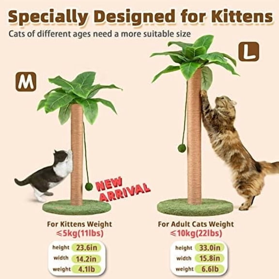 Cat Scratching Post with Hanging Ball,23.6 inch Tall Cute Cat Toys for Indoor Cats with Sisal Rope,Palm Decor Cat Tree Tower for Kitten Scratcher Green