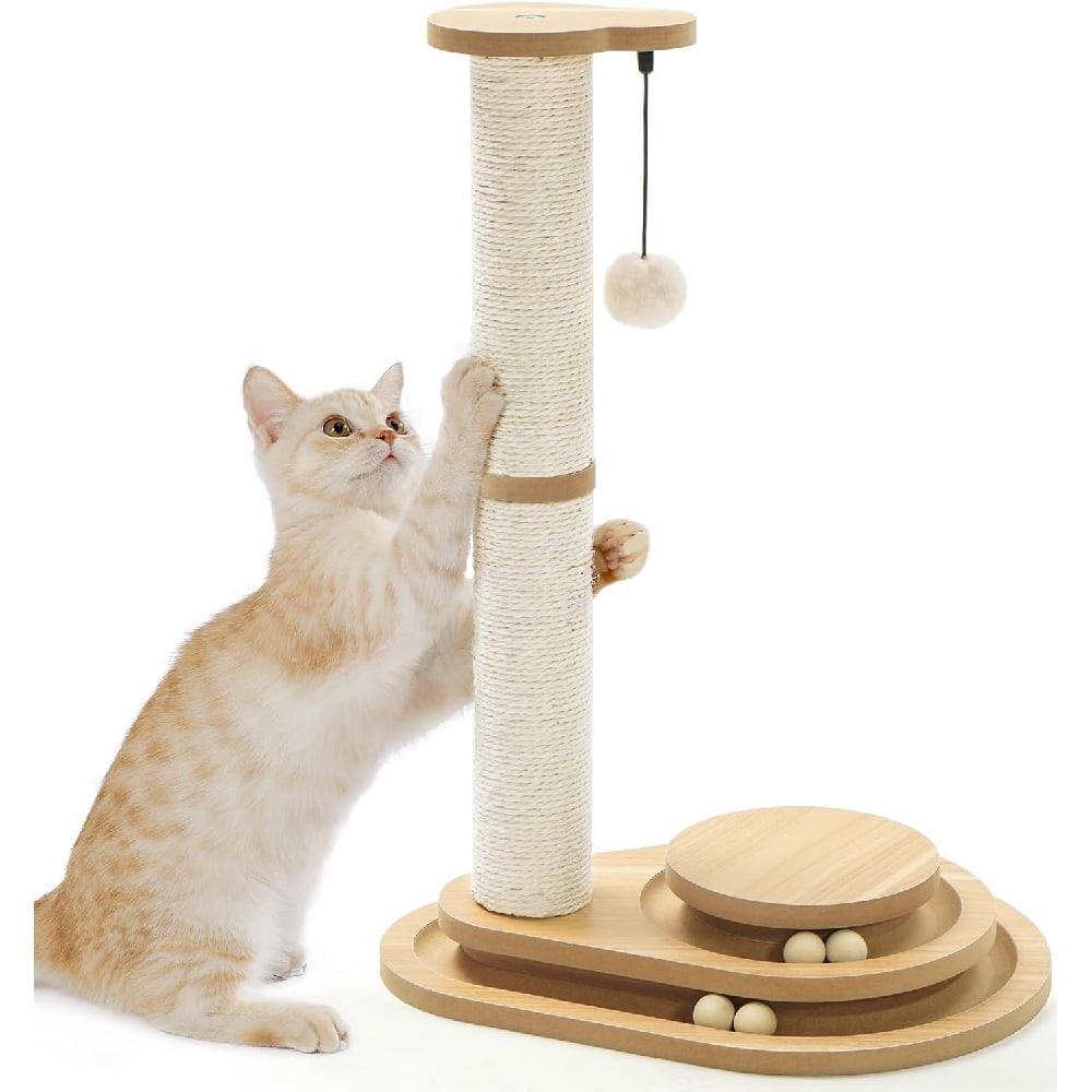 Cat Scratching Post for Indoor Cats, 23.4" Tall 2-Layer Sisal Cat Scratcher with Interactive Wooden Ball Track & Dangling Teaser Ball, Anti-Tip Solid Wood Base Kitten Play Toy