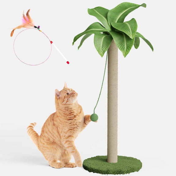 Cat Scratching Post for Indoor Cats, 33.5" H Sisal Rope Scratching Posts with Simulated Leaves, Kitten Scratcher with Soft Platform and Hanging Ball - 1 Cat Teasing Stick and 2 Catnip
