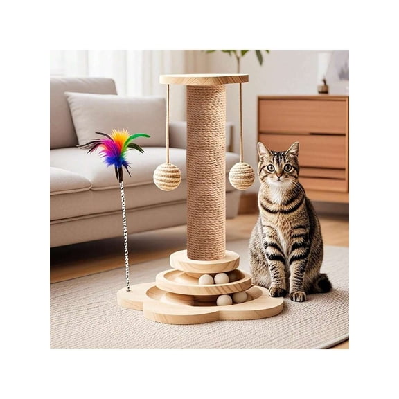 Cat Scratching Post with Interactive Cat Toy, 4-In-1 Wooden Scratch Post for Indoor Cats and Kittens, Sisal Scratching Post with Ball Tracks and Feather