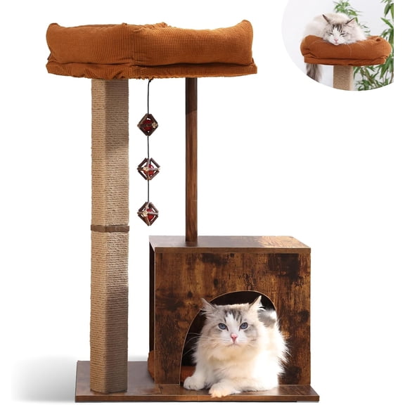 Cat Scratching Post, Modern Style Cat Tree with Unique Square Post, Wooden Cat Tower with silvervine Balls, Retro Cat Brown Condo Scratcher for Indoor CatsSolid Wood