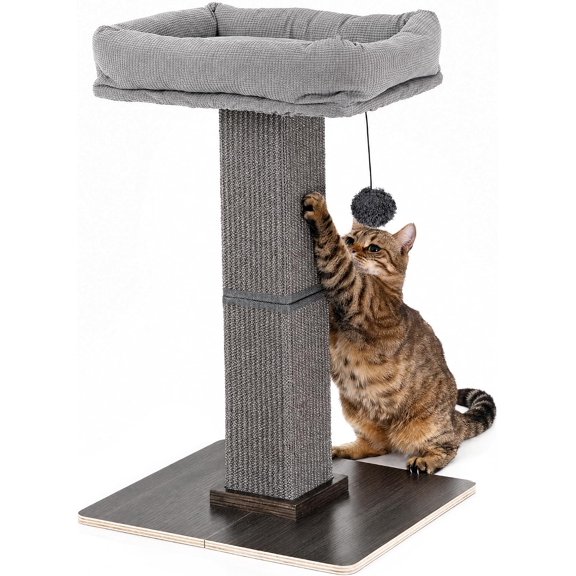 Cat Scratching Post, Modern Style Tall Scratch Posts with Perch for Indoor Cats Adults, Large Cat Scratcher Tower with Bed, Small Tree with Raised Stand, Natural Sisal & Solid Wood