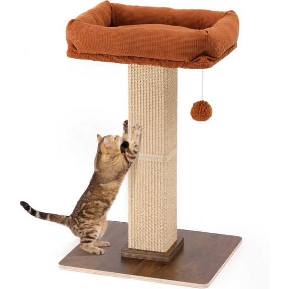 Cat Scratching Post, Modern Style Tall Scratch Posts with Perch for Infoor Cats Adults, Large Cat Scratcher Tower with Bed, Small Tree with Raised Stand, Natural Sisal & Solid Wood