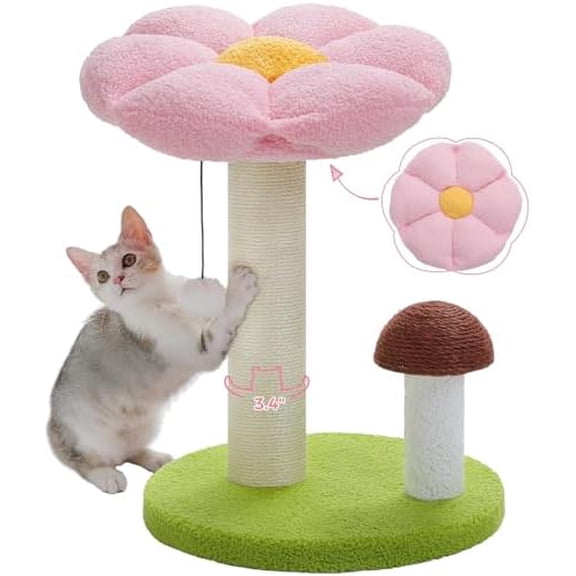 Cat Scratching Post, Mushroom Cat Scratcher Cute Cat Tree Tower with Thick Scratching Post & Removable Flower Cats Bed [Dia=15.7''], Tall Post for Kittens and Indoor, Pink