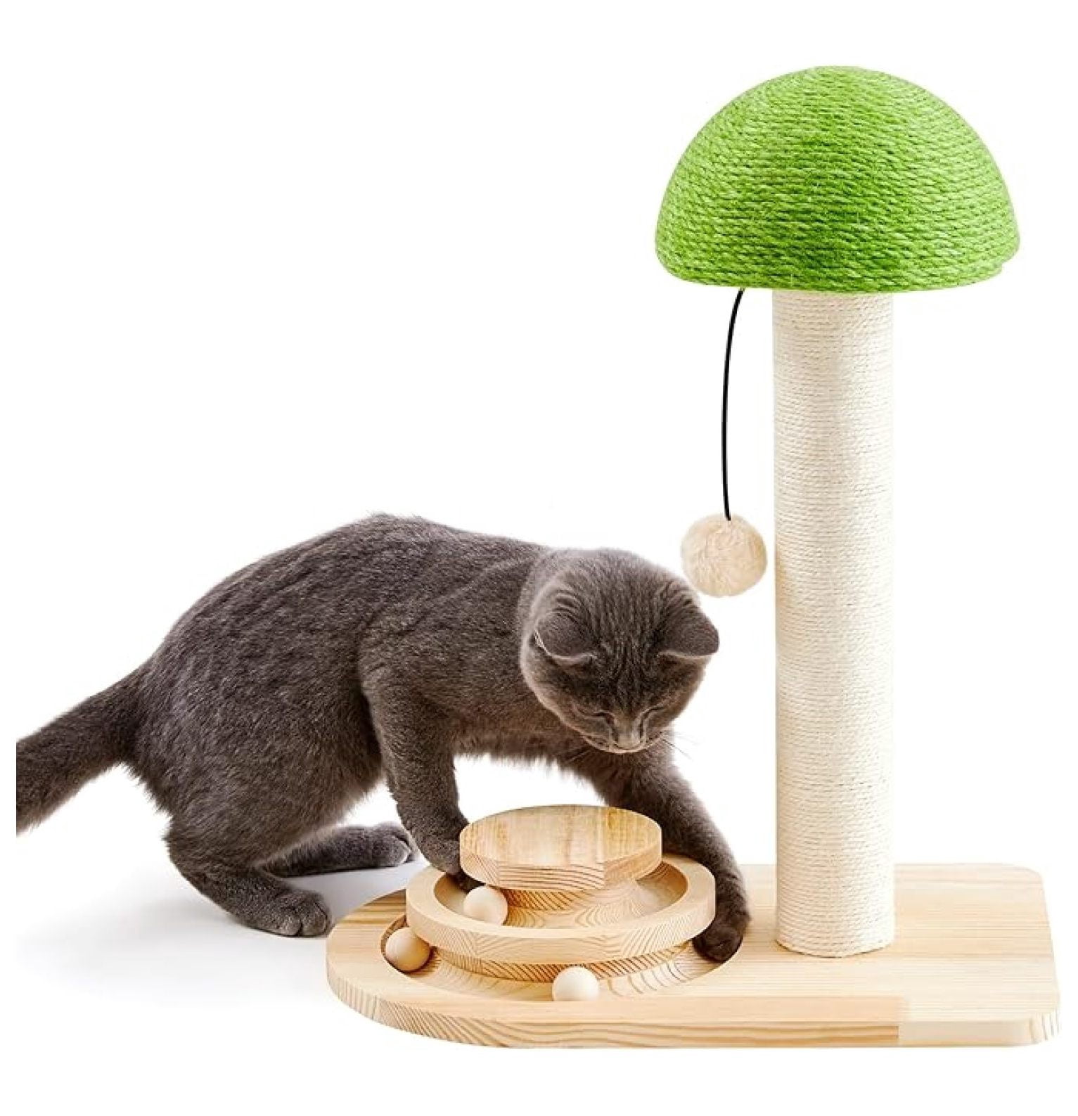 Cat Scratching Post Mushroom, Sisal Scratcher with Ball Toy - 20 Inch Kitten Scratcher for Indoor Cats - Interactive Wood Cat Tree Activity Center Green