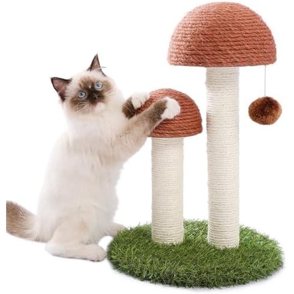 Cat Scratching Post, Mushroom Tall Cat Scratcher Featuring with Natural Sisal Scratching Poles and Interactive Toy Ball for Kittens and Small Cats (Brown)