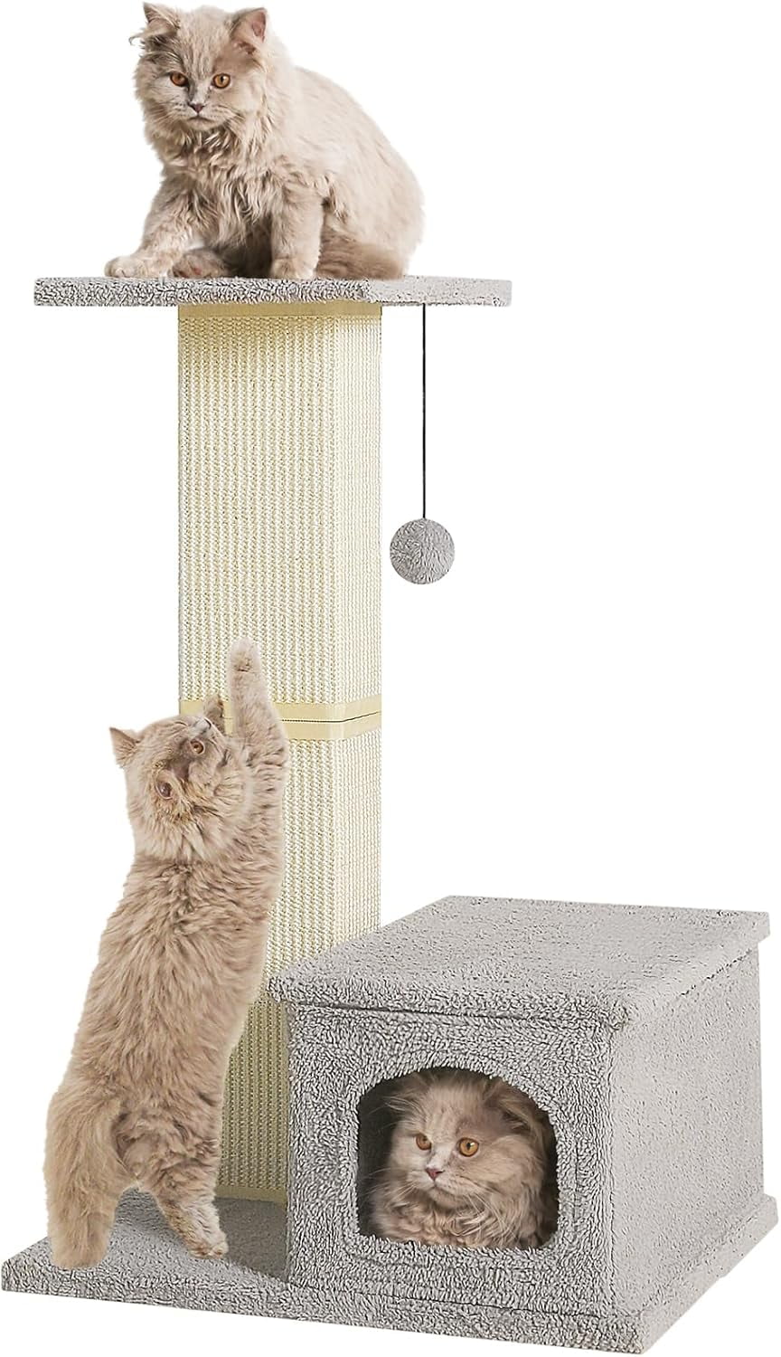 Cat Scratching Post with Perch, Sisal Cat Scratchers for Indoor Cats, Large Cat Scratching Post with Fluffy Ball, 31 Inches Tall Cat Scratching Tower, Gray