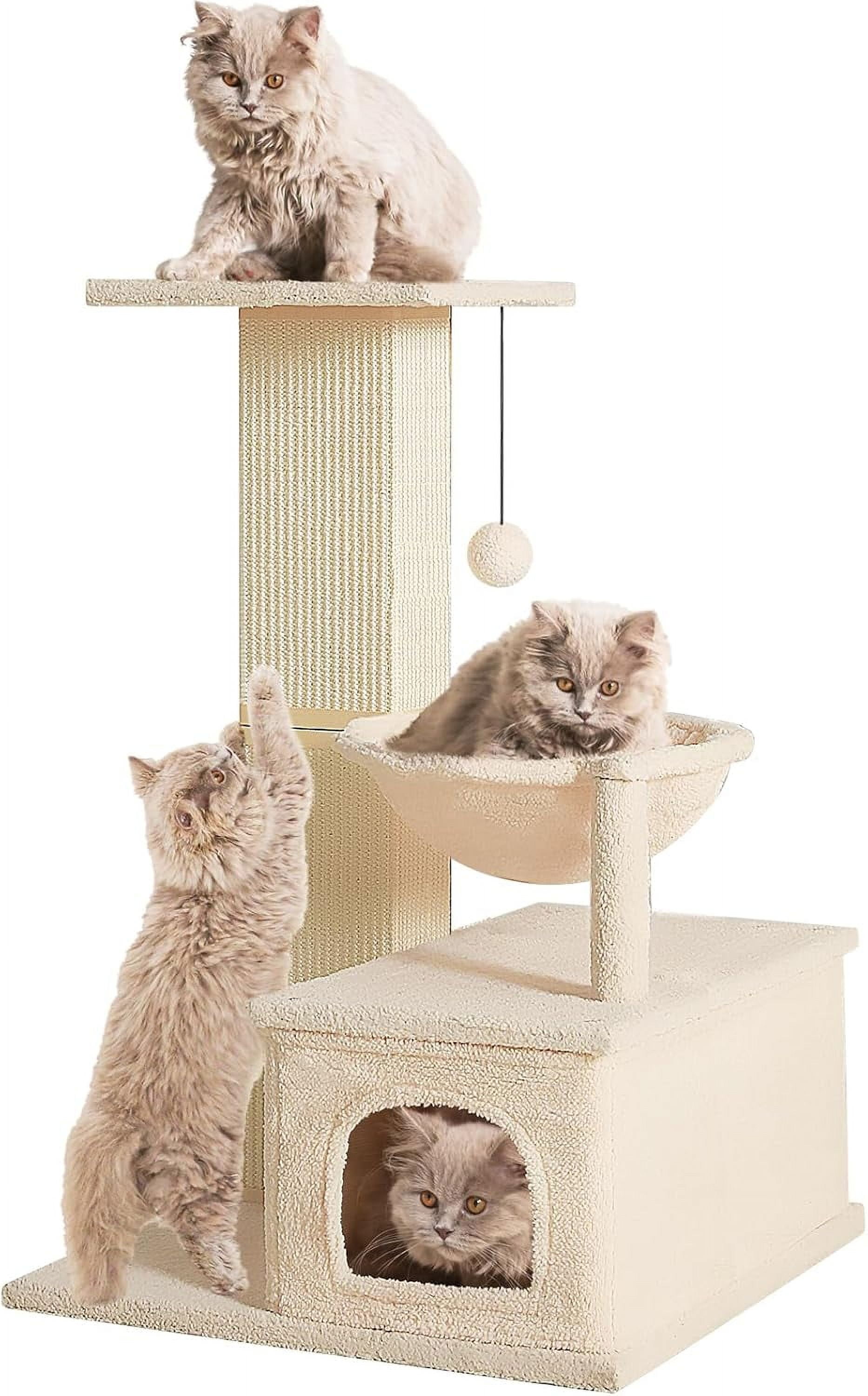 Cat Scratching Post with Perch, Sisal Cat Scratchers for Indoor Cats, Large Cat Scratching Post with Hammock & Fluffy Ball, 31 Inches Tall Cat Scratching Tower, Beige