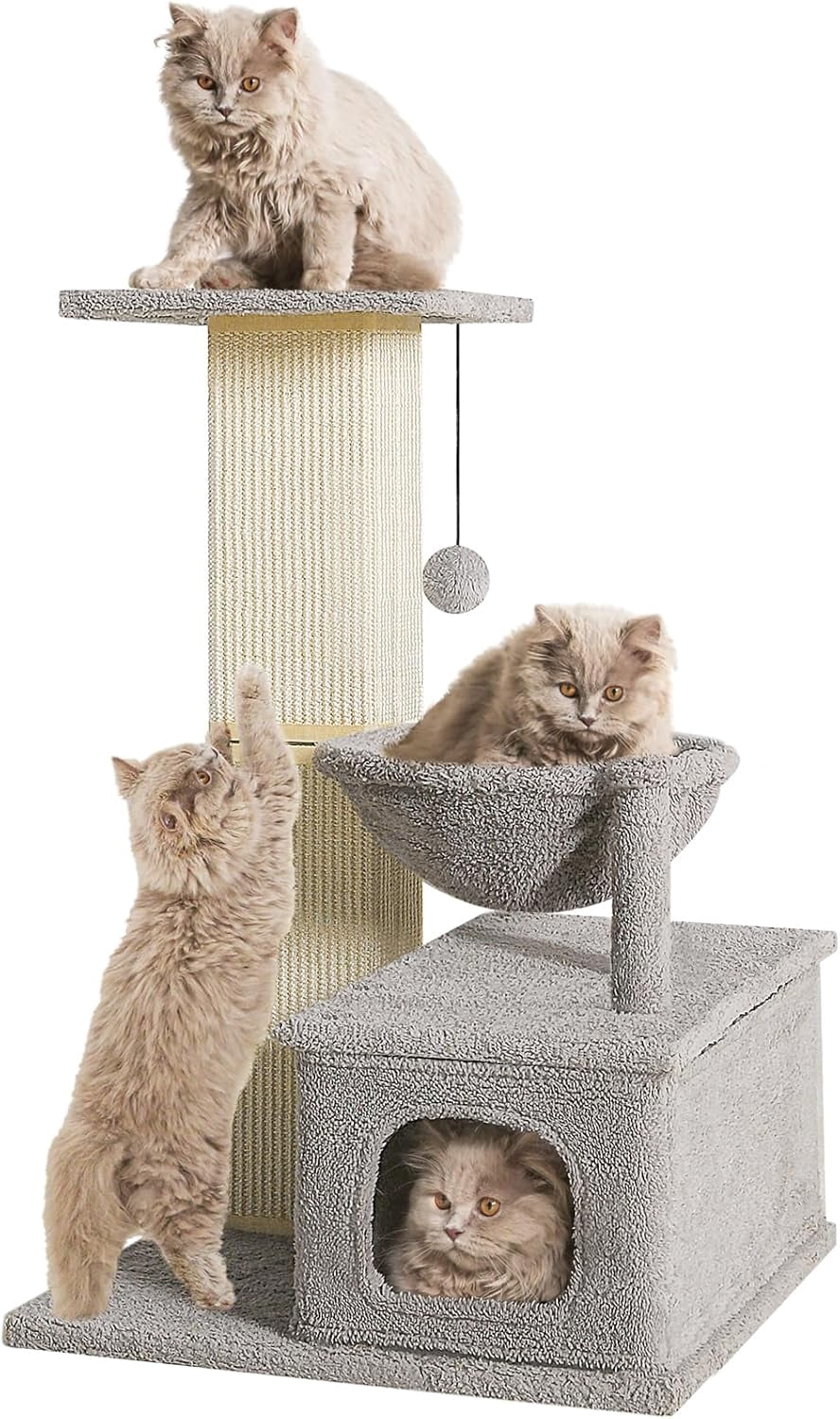 Cat Scratching Post with Perch, Sisal Cat Scratchers for Indoor Cats, Large Cat Scratching Post with Hammock & Fluffy Ball, 31 Inches Tall Cat Scratching Tower, Gray