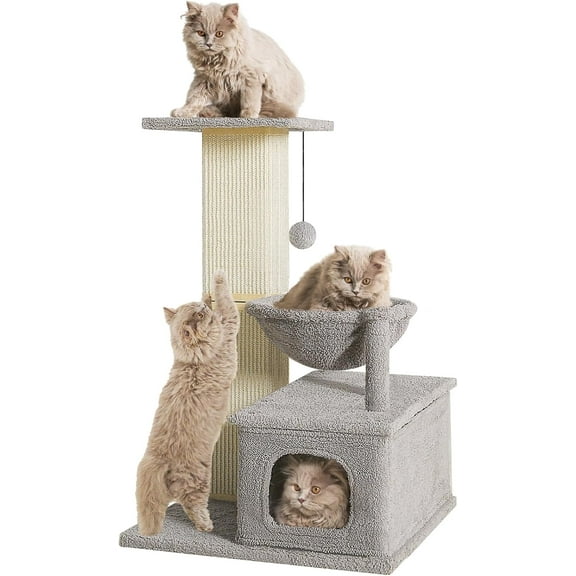 Cat Scratching Post with Perch, Sisal Cat Scratchers for Indoor Cats, Large Cat Scratching Post with Hammock & Fluffy Ball, 31 Inches Tall Cat Scratching Tower, Gray