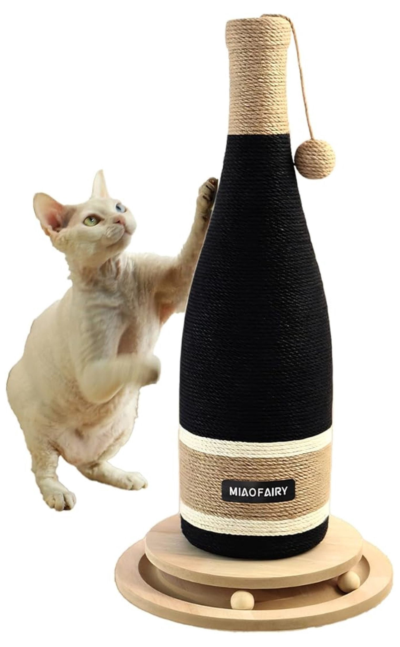 Cat Scratching Post, Premium Cat Scratching Board, Sisal Fiber Cat Scratcher-24.8 Inches with Hanging Ball, Red Wine Bottle Simple Design-Suitable Indoor Small and Medium Cats (24.8 in, Wooden Base)