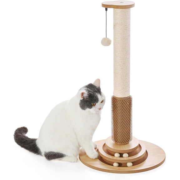 Cat Scratching Post Premium Sisal Cat Scratcher Kitten Toys for Indoor Kittens 28.3" Tall Cat Tower Scratch Post Cat Tree Wooden Interactive Ball Track Cat Toy with Hanging Ball, Beige