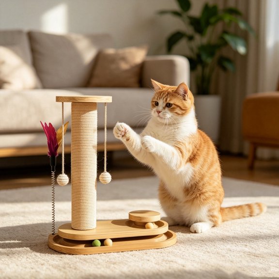 Cat Scratching Post, Provides All-in-One Play Station, Climbing Frame, Durable Sisal Wrapping and Rotating Teaser Toy for Climbing, Scratching, and Independent Entertainment.