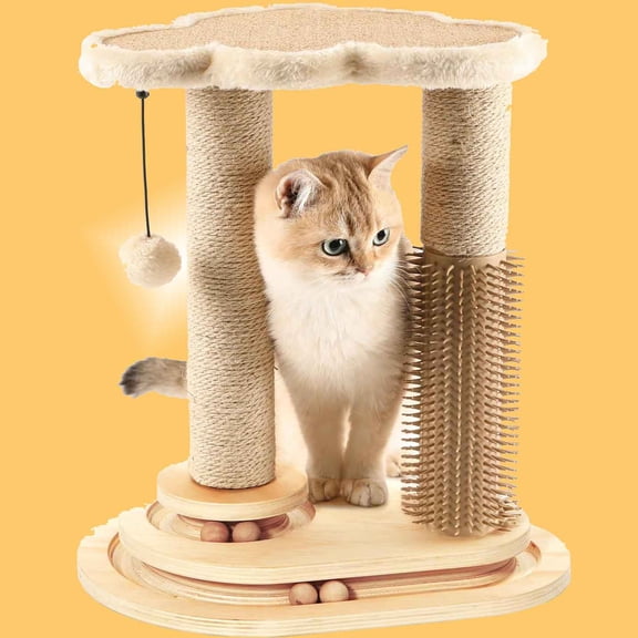 Cat Scratching Post, Self Groomer for Indoor Cats, Soft Perch for Rest, Natural Sisal Scratcher Grooming Interactive Ball Track Toys