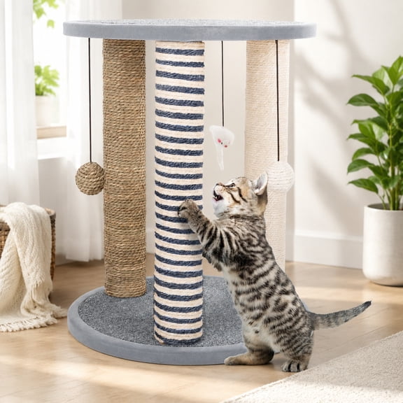 Cat Scratching Post - Set of 3 Carpeted Scratcher Posts with Stable Base and Perch - Durable Indoor Furniture Scratch Deterrent for Cats
