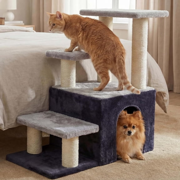 Cat Scratching Post, Sturdy Pet Stairs & Steps for Indoor Cats and Dogs, Small Cat Tree with Cat Condo, Full Wrapped Sisal Posts & Soft Plush Fabric, Smoky Gray & Light Gray HSP002SGW