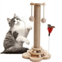 EagleStone 4-in-1 Scratching Post with Scratcher Pole, Toy Track, and Feather Toys, 12-inch Pine Wood for Indoor Cats