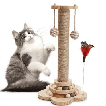 EagleStone 4-in-1 Scratching Post with Scratcher Pole, Toy Track, and Feather Toys, 12-inch Pine Wood for Indoor Cats