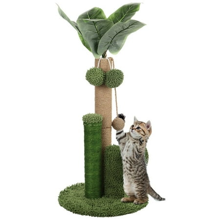 Cat Scratching Post, Cat Tree with Dangling Toy, Indoor Cactus Cat Scratcher, Cat Scratching Post with Artificial Leaves, Plush Sisal Scratch Pole with Cactus for Indoor Kittens, Cats, 19in