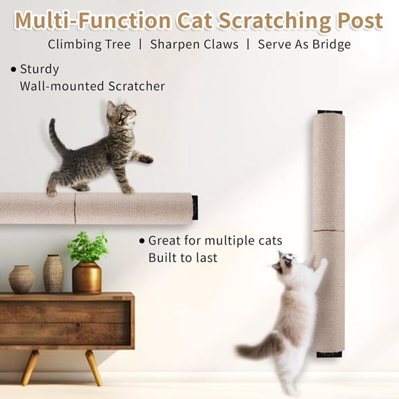 Cat Scratching Post Wall Mounted, 24 inch Tall 3.5 inch Diameter Cat Tree Scratch Post, Hemp Rope Scratcher Posts for Indoor Kittens and Large Cats