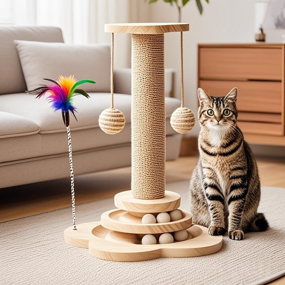 Cat Scratching Post and Activity Center – 19.7in Tall Wooden & Sisal Tower, Includes Track with 6 Balls, Feather Wand, 2 Hanging Balls for Play (M)