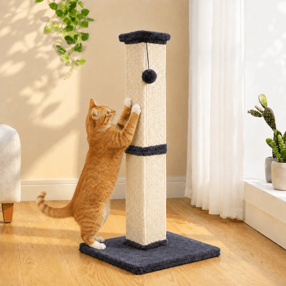 32" Tall Natural Sisal Cat Scratching Post for Indoor Sturdy Cat Scratcher with Plush Large Base, Green