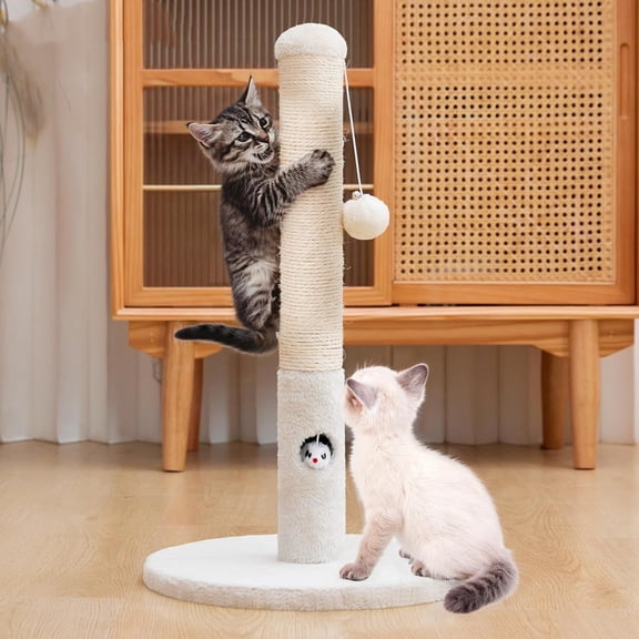 Cat Scratching Post for Kitten, 23in Tall Small Cat Scratching Post, Sisal Rope and Dangling Cat Toy Balls (White)