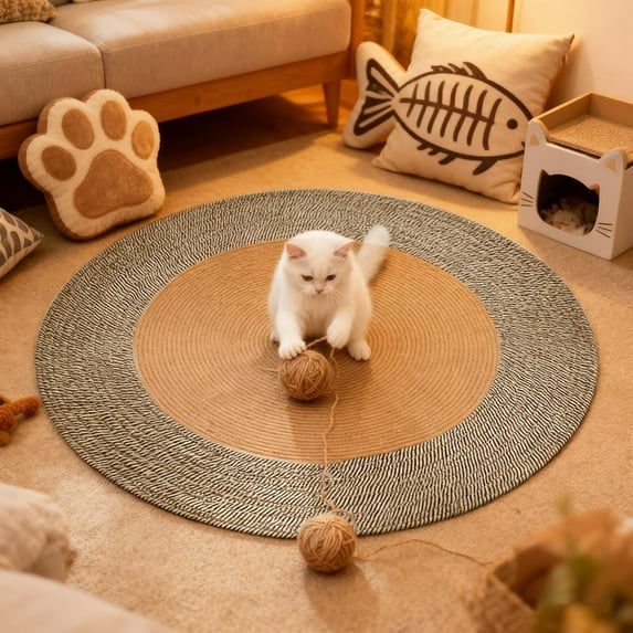 Cat Scratching Rug,Cotton Rope Woven Round Floor Mat for Indoor Cats, Washable & Scratch-Resistant Cat Scratching Pad, Soft Textured Area Rug for Living Room Bedroom Home Decor