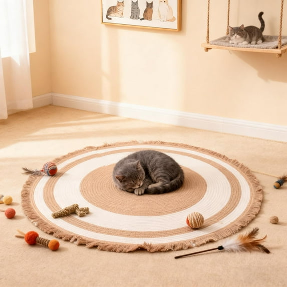 Cat Scratching Rug,Cotton Rope Woven Round Floor Mat for Indoor Cats, Washable & Scratch-Resistant Cat Scratching Pad, Soft Textured Area Rug for Living Room Bedroom Home Decor