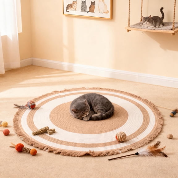 Cat Scratching Rug,Cotton Rope Woven Round Floor Mat for Indoor Cats, Washable & Scratch-Resistant Cat Scratching Pad, Soft Textured Area Rug for Living Room Bedroom Home Decor
