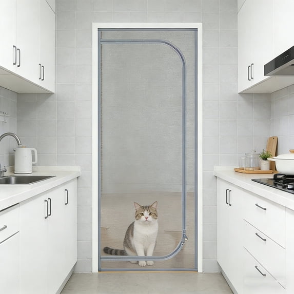 Cat Screen Door,81.6x37.4inch Reinforced Cats Resistant Mesh Screen Door with Zipper Closure,Pets Scratch Proof Screen for Living Room, Bedroom, Patio(Gray M)